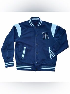 Uniqlo Varsity Jacket Kids 9-10 Navy Blue Bomber Snap Front Letterman Sweatshirt